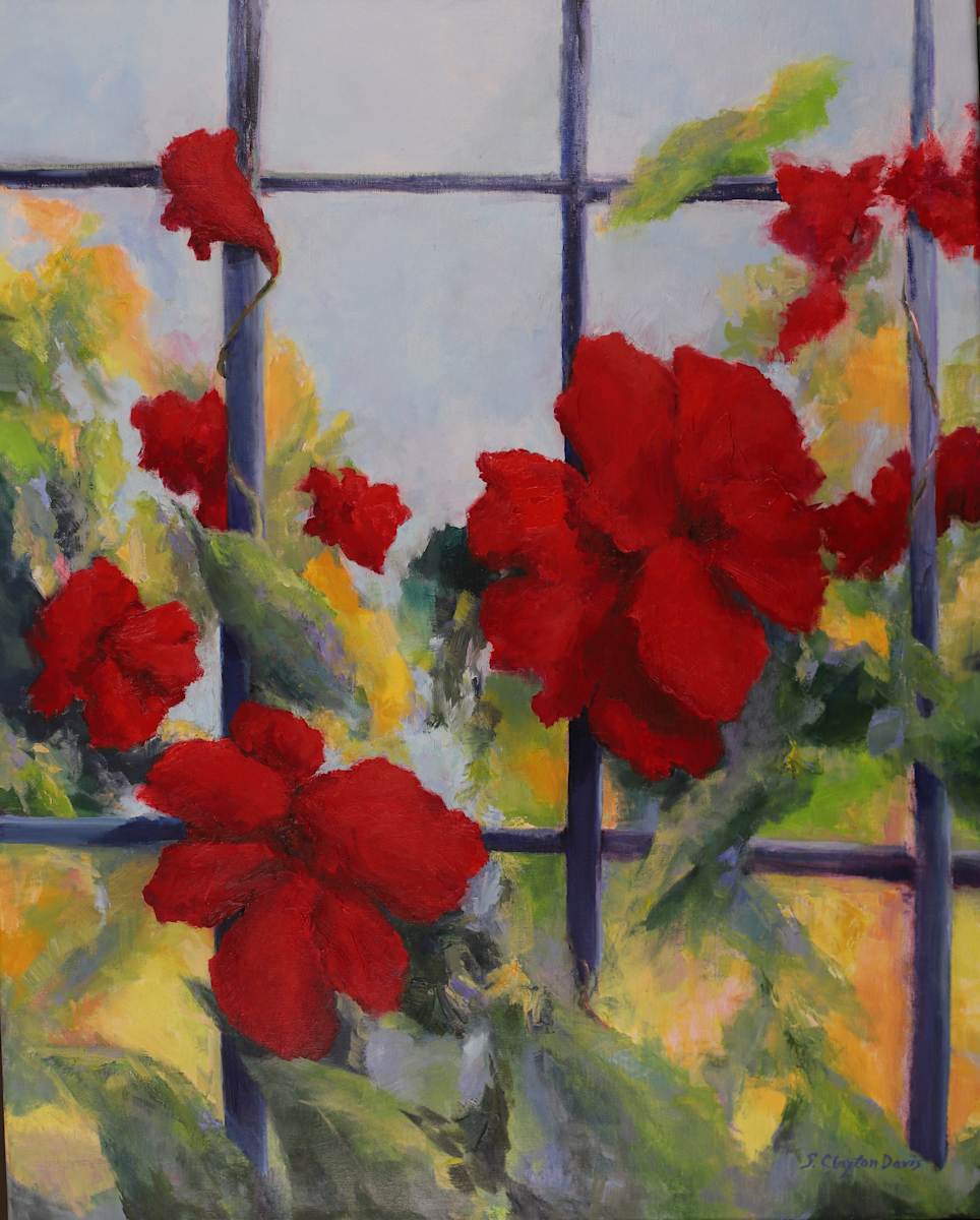 Red Mandevillas on the Trellis by Sarah Clayton Davis 