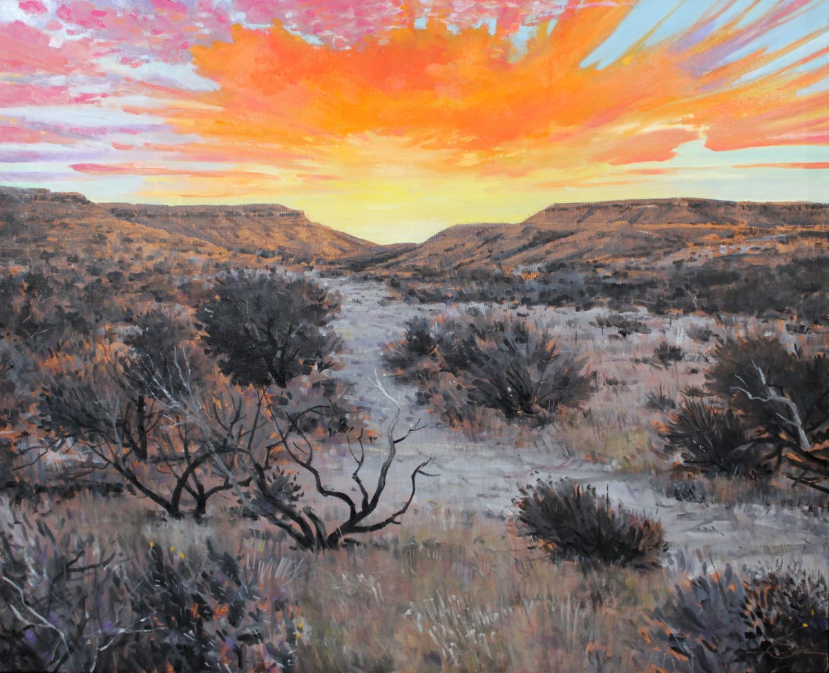 Castle Gap Sunset by Baron Wilson  Image: A colorful West Texas sunset at Castle Gap in Crane County, Texas.  King Mountain is on the left and Castle Mountain is on the right side of the painting.