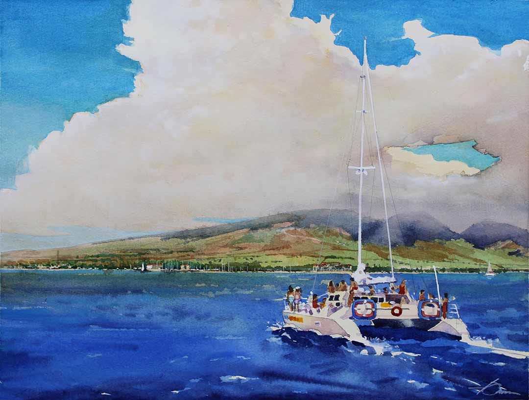 "Coming Back To Lahaina" by Baron Wilson  Image: Donated painting for online fundraising auction. "Artists For Lahaina" September 2023. Original watercolor & gouache painting on Saunders Waterford paper 12 x 16". The composition is based upon photographs from a sailing trip to Lanai aboard one the Trilogy vessels in 1994. Coming back to Lahaina that day was simply a spectacular experience. The painting is a gesture of thanks to the Coon family for the experience and to the people of Lahaina.
Mahalo, Lahaina.