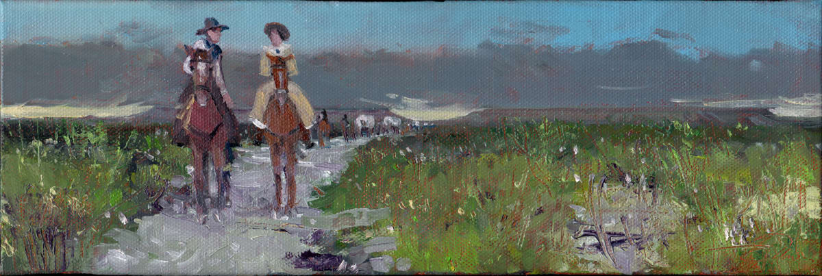 Courtship On The Trail by Baron Wilson  Image: Young riders on a trail drive west on their the way from Castle Gap to Horsehead Crossing in West Texas.