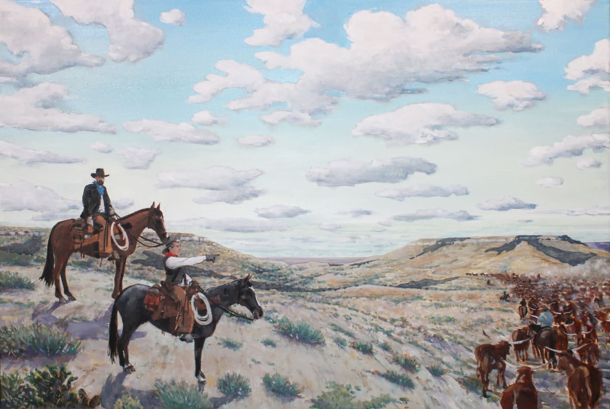 Goodnight - Loving Trail Drive by Baron Wilson  Image: Charles Goodnight (1836-1929) and Oliver Loving (1812-1867) are depicted on Horseback at Castle Gap as they might have appeared on one of the first cattle drives of Texas longhorns through this area to Horsehead Crossing on the Pecos river along the famous trail that would bear their names.