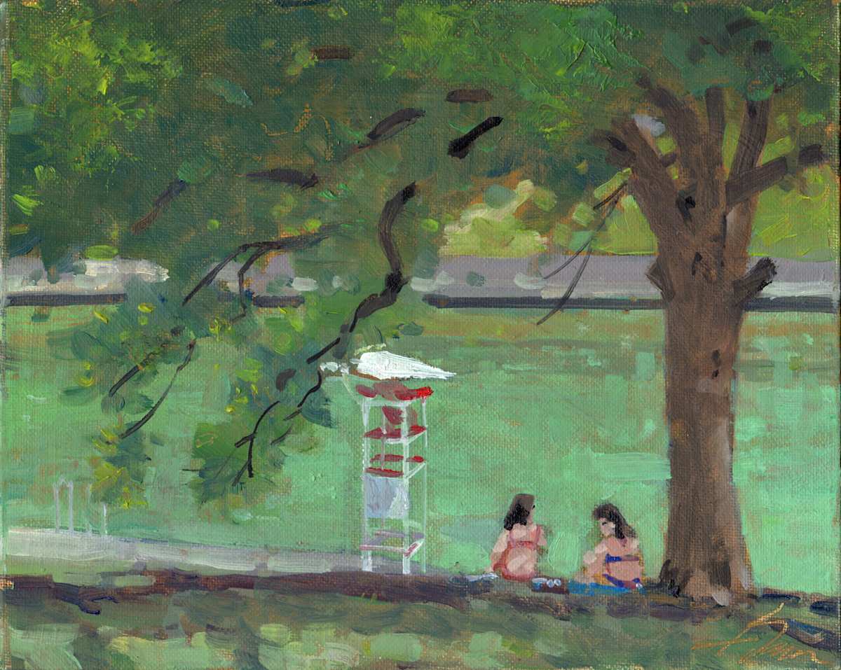 "Lets Sit In The Shade" oil plein air 8x10 060723 BWFA.jpg by Baron Wilson  Image: Swimmers take a break from the pool and the summer sun to sit under a heritage pecan tree at BSP.
