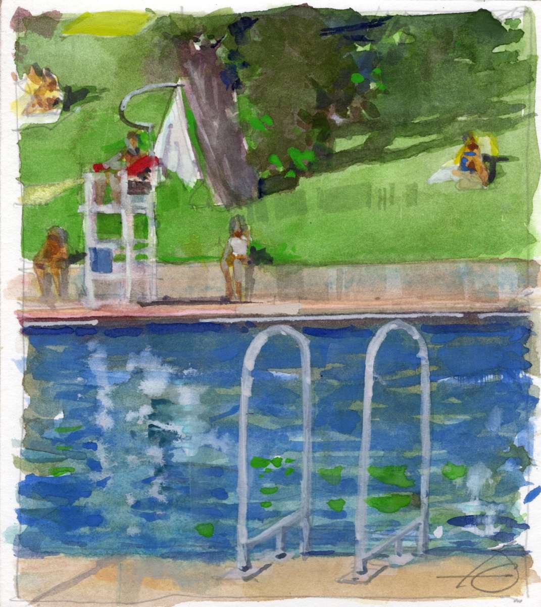 "Barton Springs Pool Ladder"  gouache on brd 5.5x6.25 Aug 2023 BWFA.jpg by Baron Wilson 