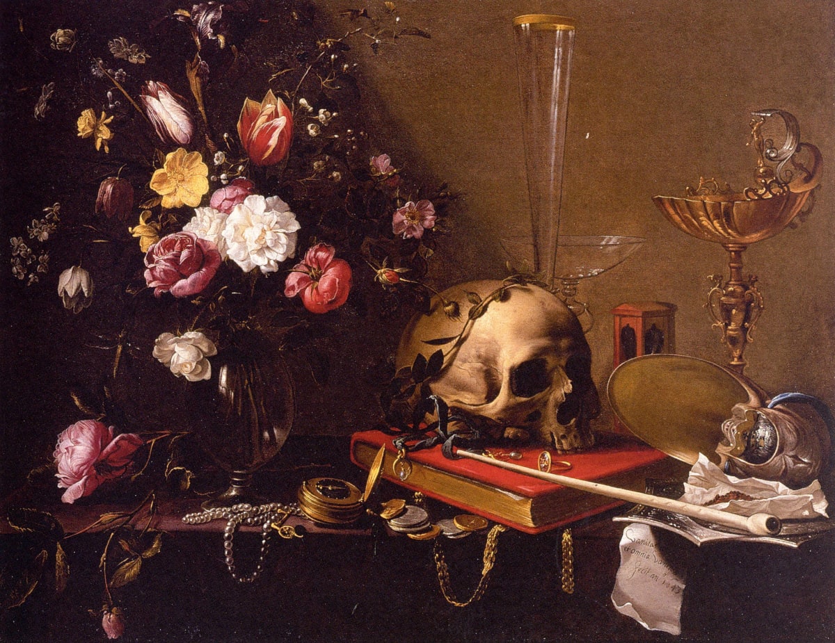 Vanitas Still Life with a Bouquet and a Skull by Adriaen van Utrecht 