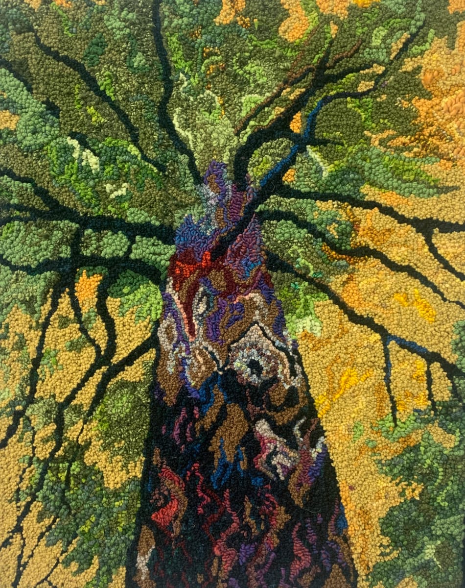 Tree Speak by Holly Friesen  Image: Textile Art - rug hooking made of wool & silk on linen. 
A homage to the voices of trees through their language of texture and movement. Look up into their boughs and listen for their magic.