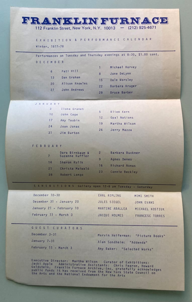 Exhibition & Performance Calendar by Franklin Furnace, Image 1.