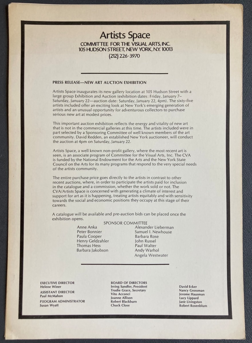 Press Release—New Art Auction Exhibition by Artists Space 