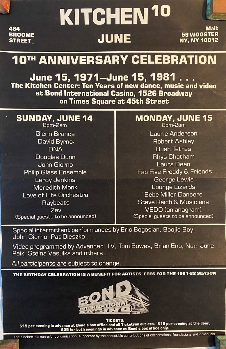 The Kitchen Ephemera: Kitchen 10th Anniversary Celebration; June/July 1976 Schedule, Steve Reich Program, Robert Ashley Postcard by Kitchen 