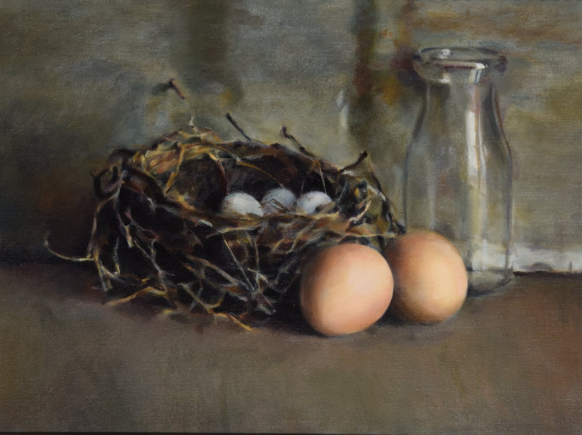 Eggs, Nest and Bottle by Judy Buckvold  Image: Available in Notecard 