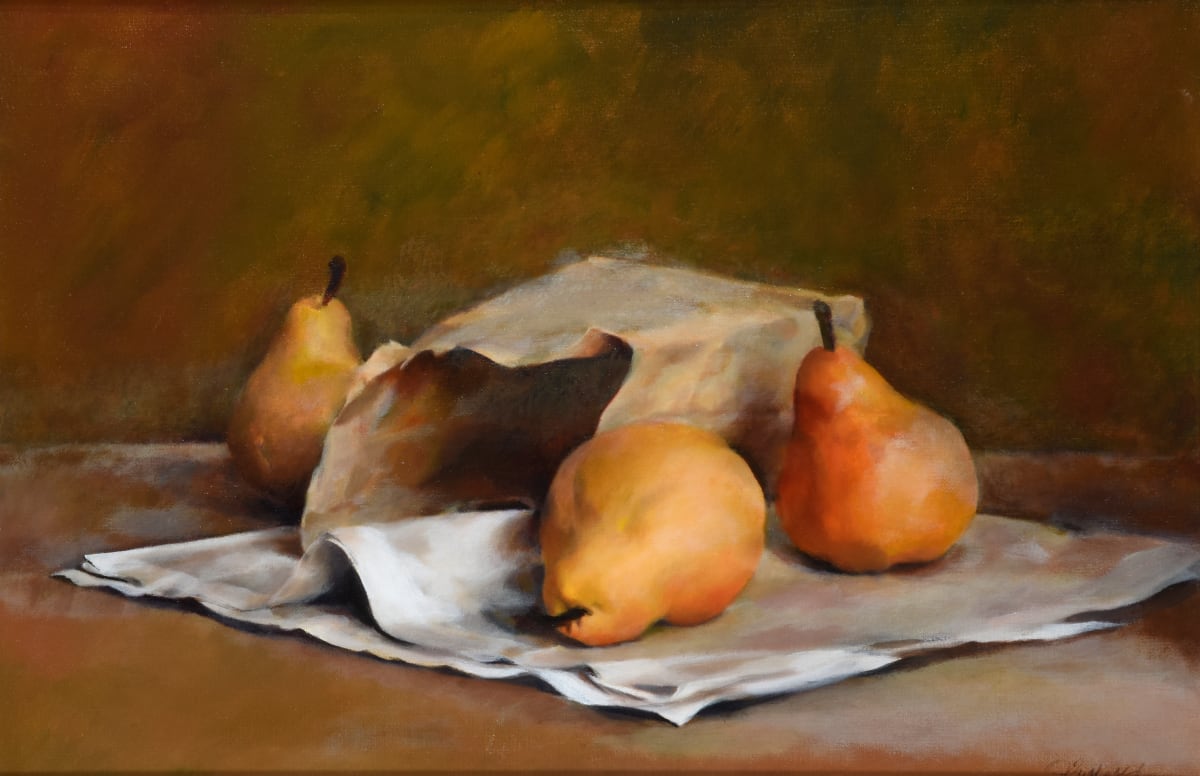 Pears and Paper by Judy Buckvold  Image: Original in Private Collection. Giclee canvas reproduction available for purchase.
