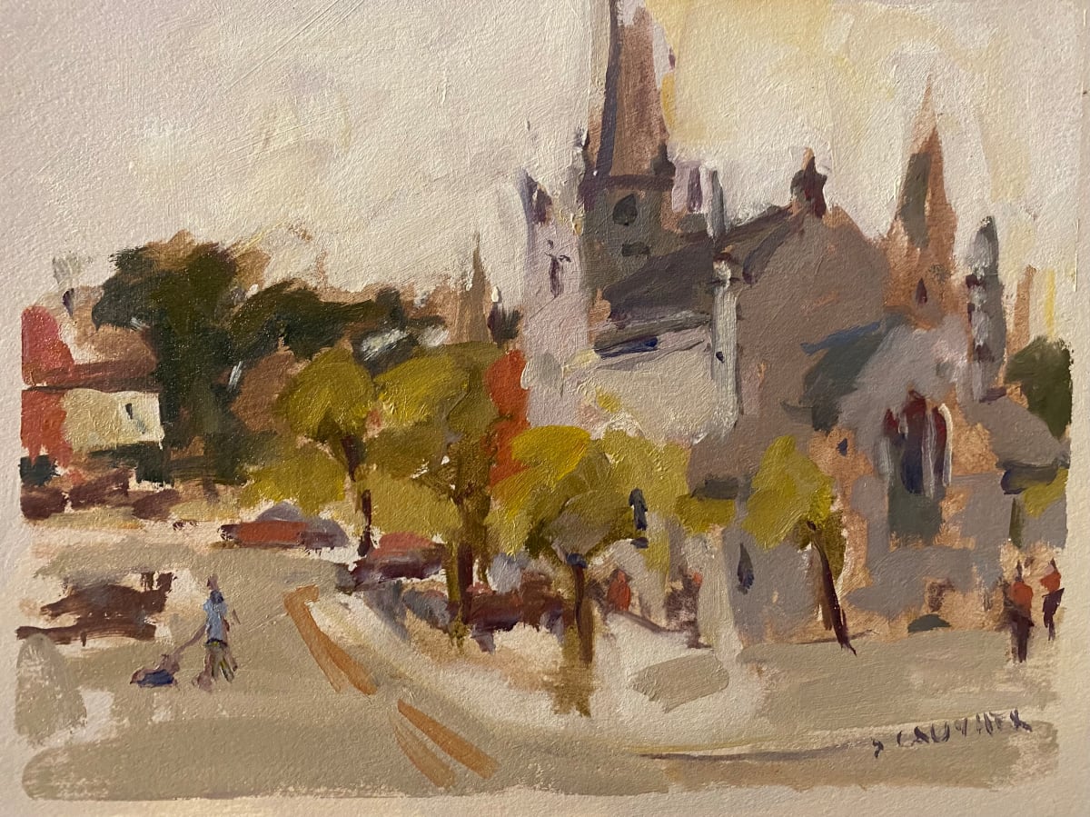 Cloudy Day On the Square, Listowel, Ireland by Jean Lee Cauthen  Image: Arrived In Listowel.  Rained, but determined to paint outside. (Framed)