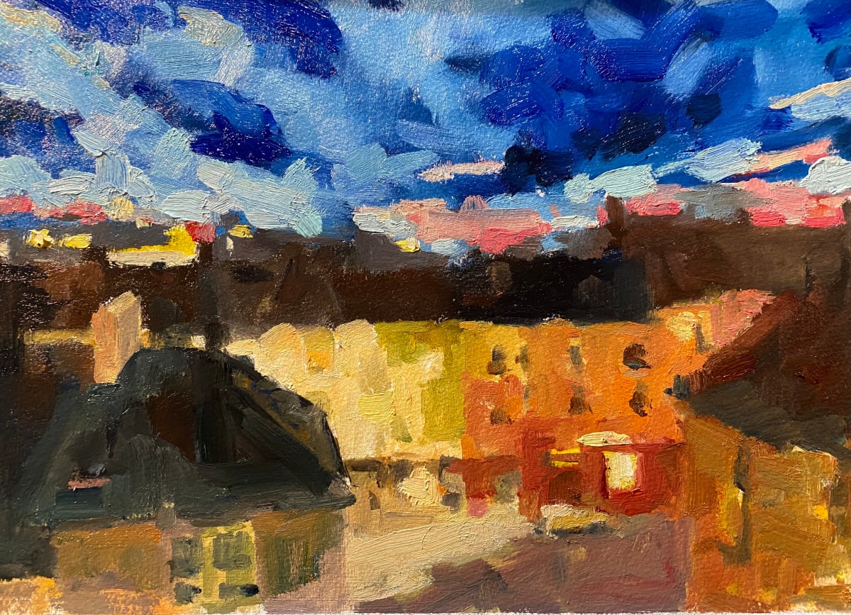Night Magic, Listowel, Ireland by Jean Lee Cauthen  Image: My Ireland apartment overlooks this busy intersection.  Love the perspective  from above and this amazing sky. Unframed, on paper, so should be framed under glass.