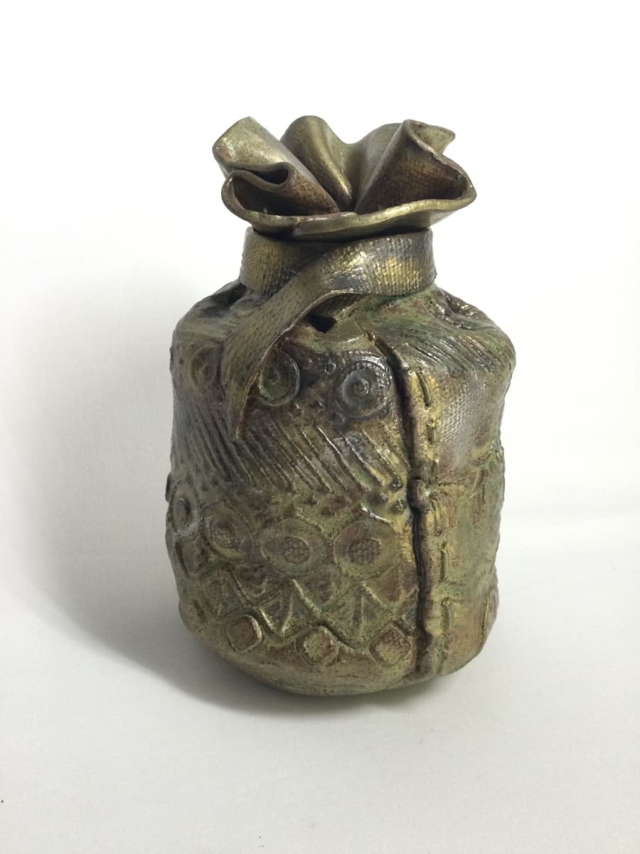 Gold / Green Textured Lidded Vessel by Sylvia "Skip" Cunningham 