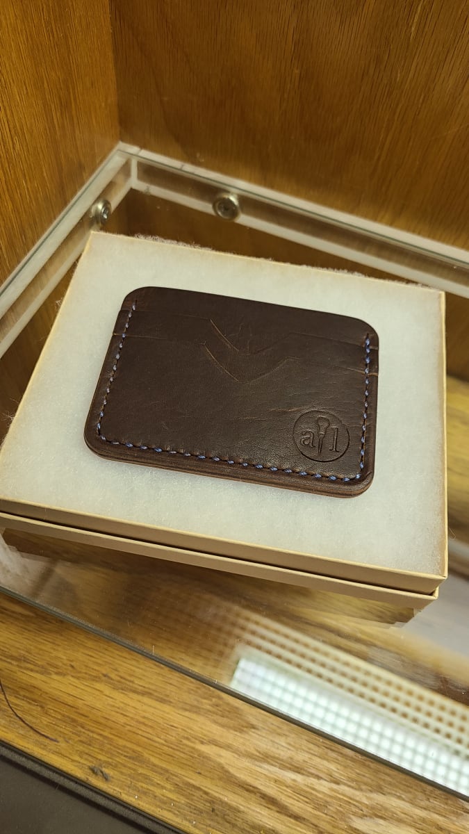 Dark Brown Horween Cardholder with Blue Thread by Ryan Hertel 