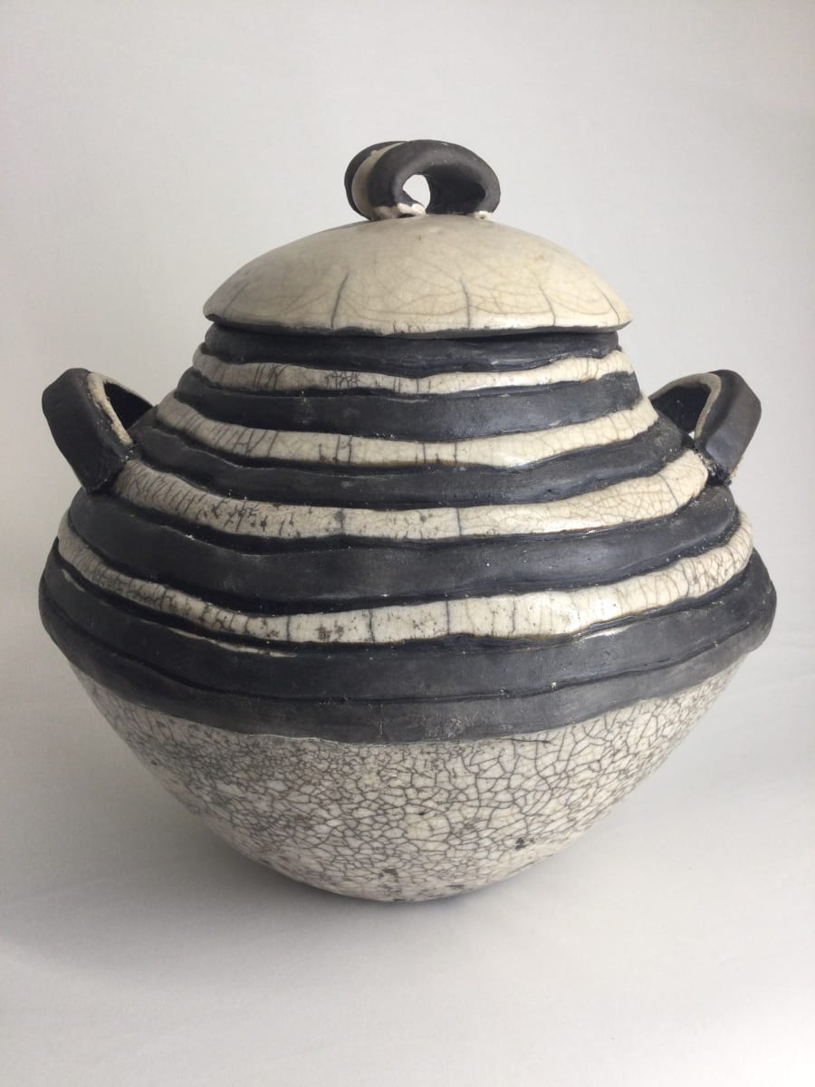 Large Black & White Vessel with Lid and Handles by Sylvia "Skip" Cunningham 