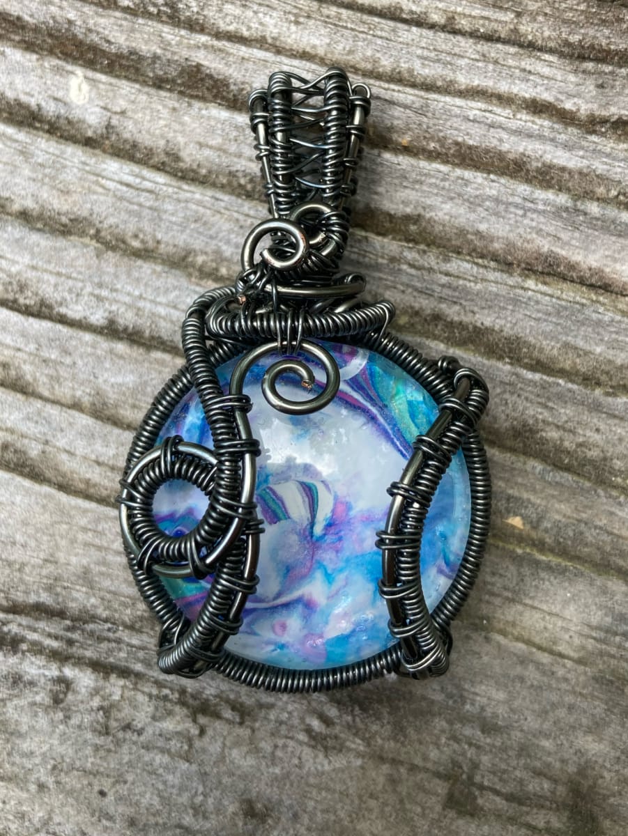 Wire Wrapped Art Pendant, Purple Blue Grey, Piece #21-0.0087 by Pamela Dexter 