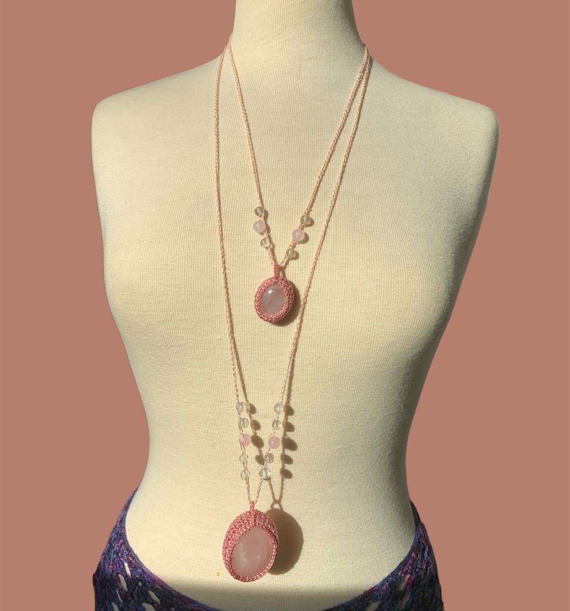 Rose Quartz Crochet Necklace by Suzy Hasanin 