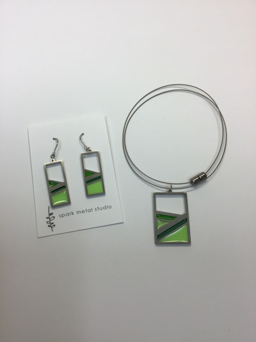 Alpine Rectangle Necklace and Earrings in Green by Kathleen Dautel 