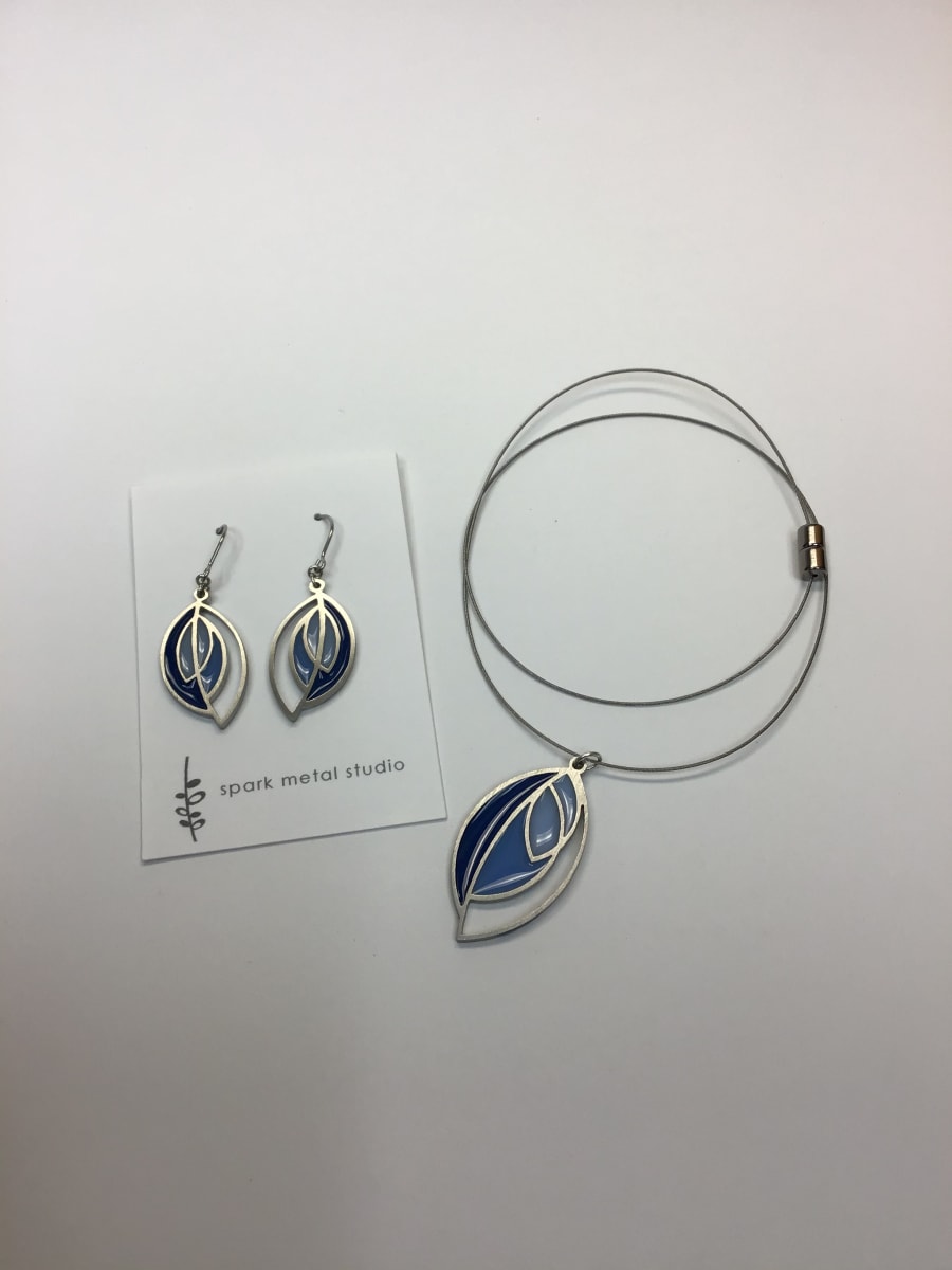 Open Leaf Necklace and Earrings in Blue by Kathleen Dautel 