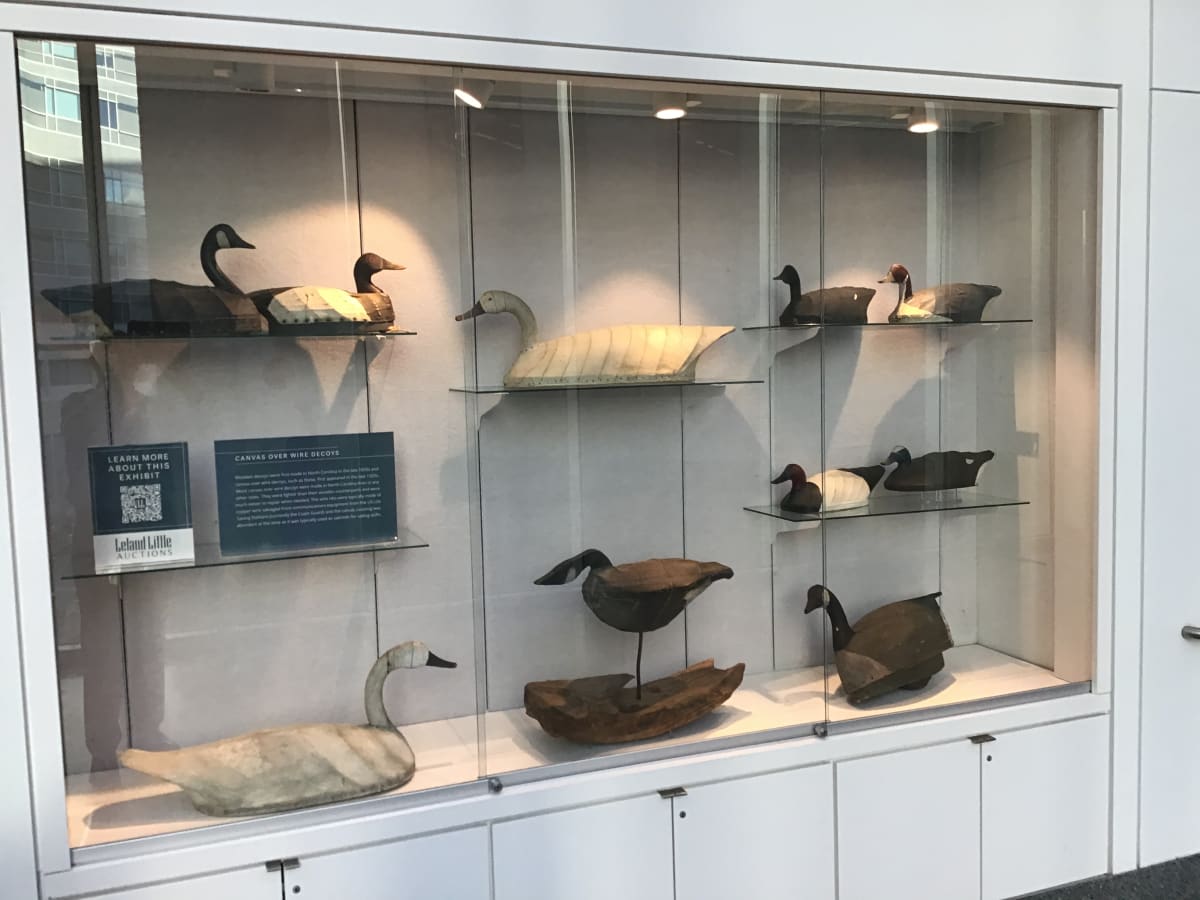 We hope you are enjoying the Art of the Decoy at Duke Hospital. We were honored when Duke approached us about curating this exhibit. The history of the decoy is broad and deep. The story that we primarily wanted to tell is that of the transformation of the decoy as a utilitarian object to that of a work of art.