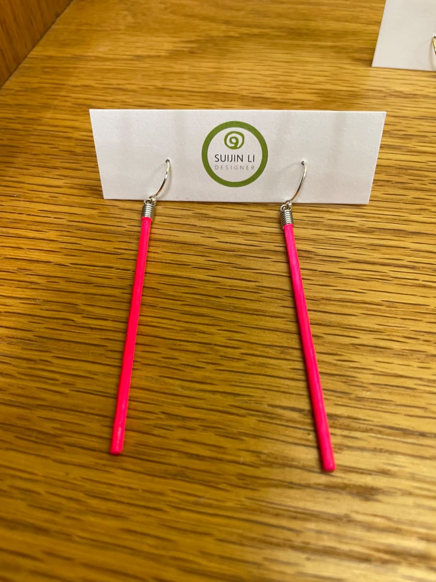 Neon Pink stick earrings by Suijin Li 