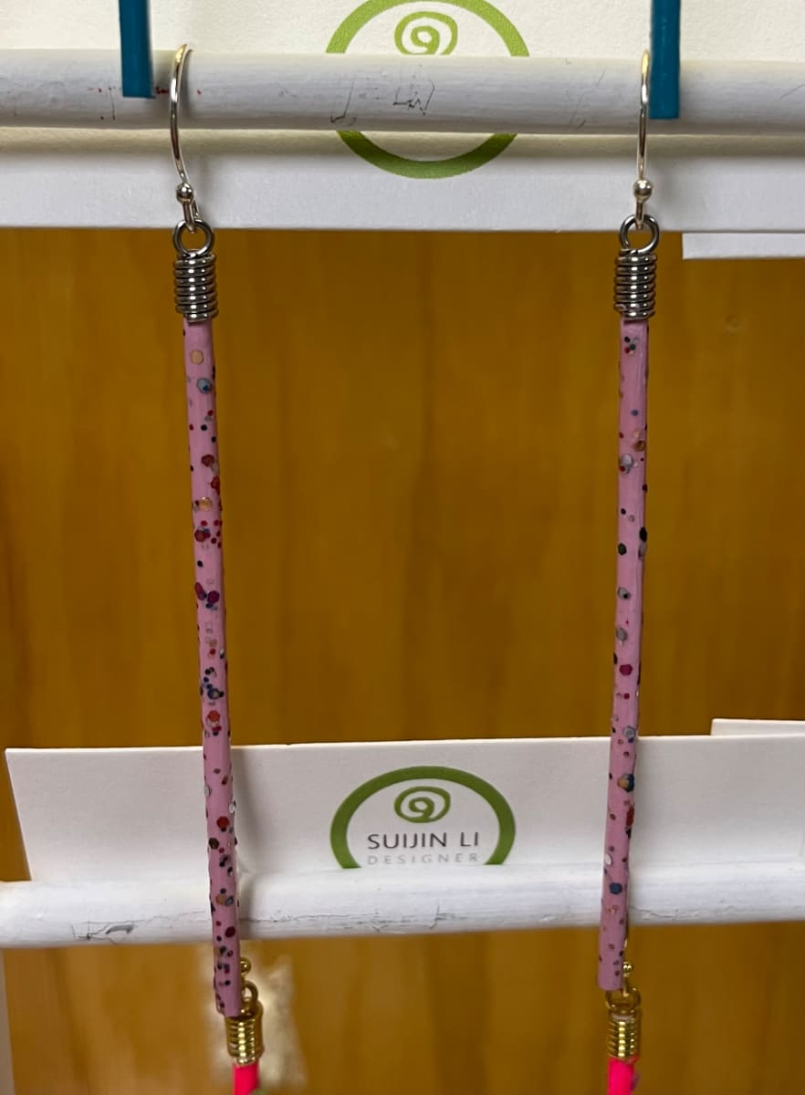 Light pink speckled stick earrings by Suijin Li 