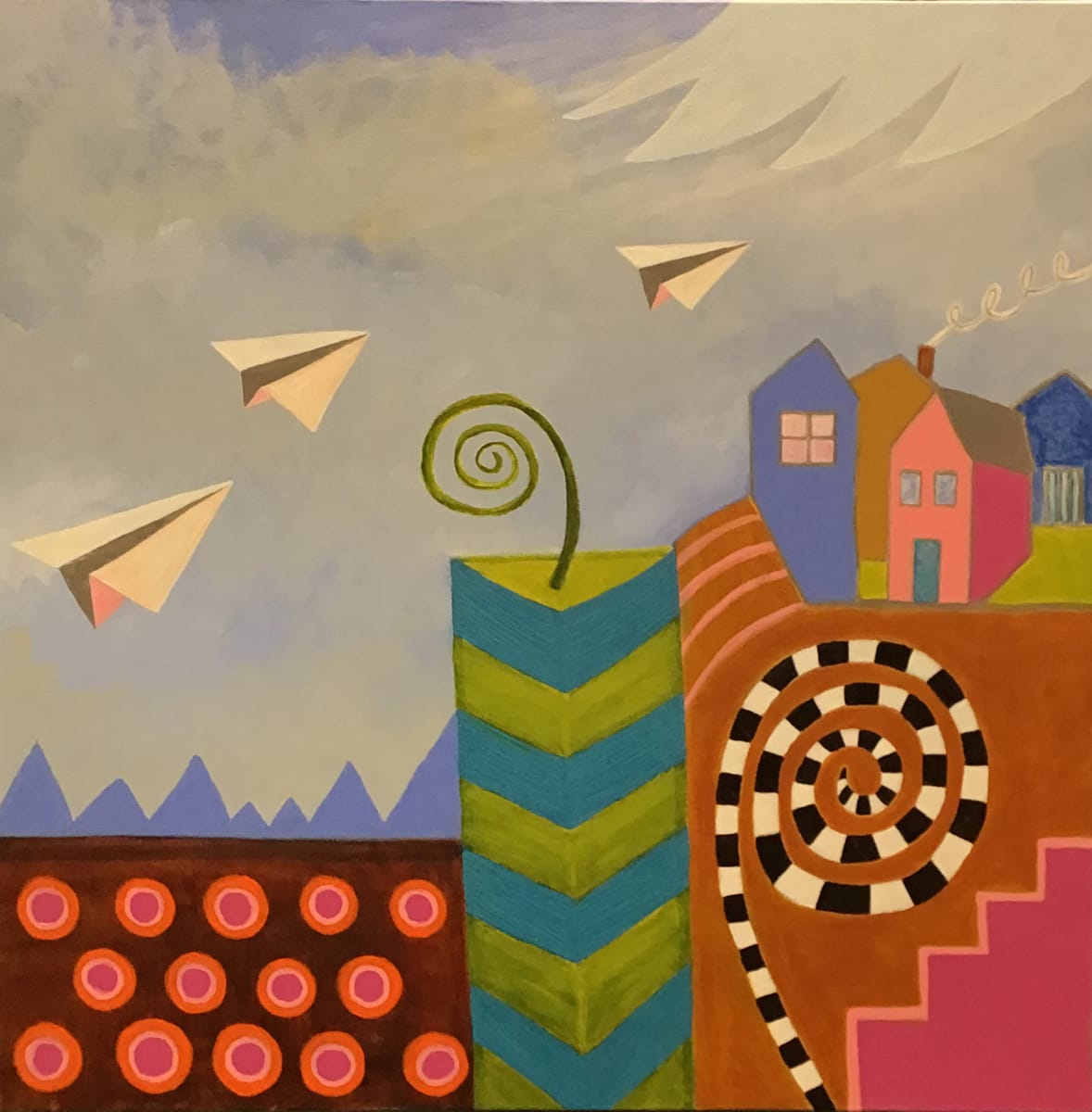 Flying Free #1 by Lisa Creed  Image: In “Flying Free” the imagination, like a paper airplane, soars above the earth and beyond, creating the freedom to dream whatever we want wherever we are. The sky’s the limit! 
Lisa’s work ranges from abstraction to landscape to whimsical ideas. 