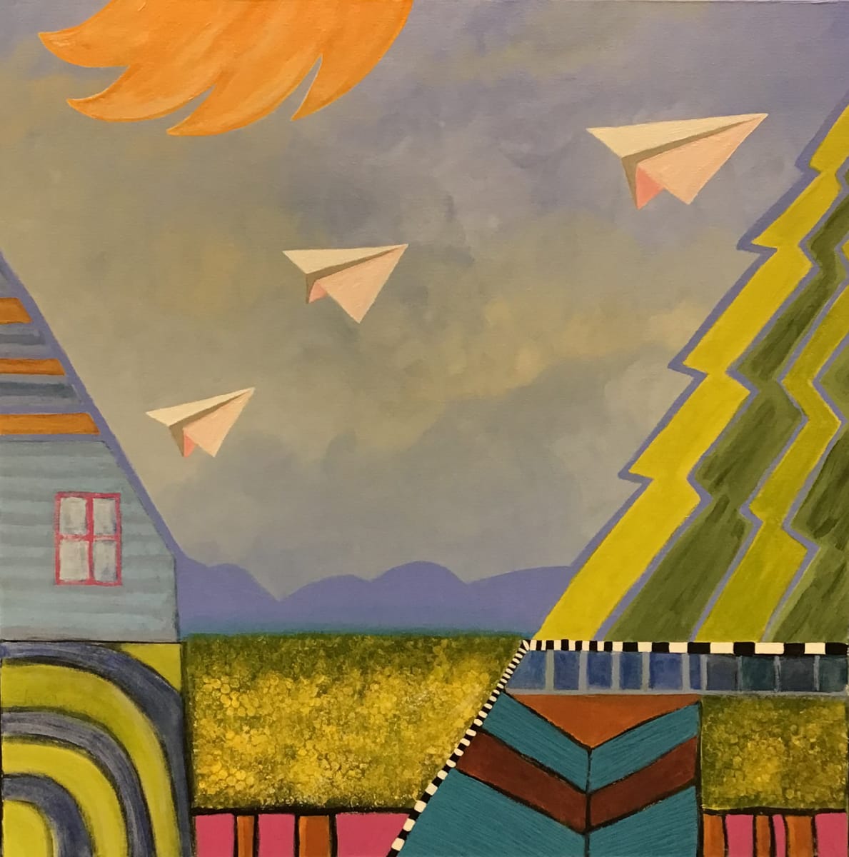 Flying Free #3 by Lisa Creed  Image: In “Flying Free” the imagination, like a paper airplane, soars above the earth and beyond, creating the freedom to dream whatever we want wherever we are. The sky’s the limit! 
Lisa’s work ranges from abstraction to landscape to whimsical ideas. 