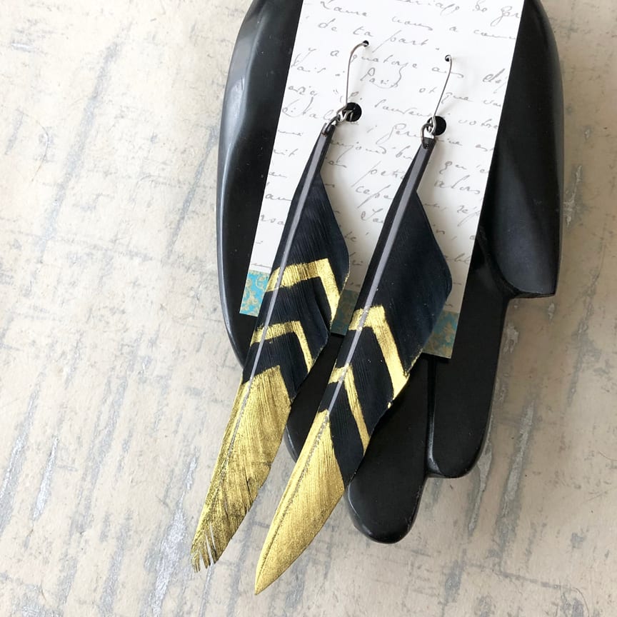 Black & Gold Feather Earrings by Kayte Price 