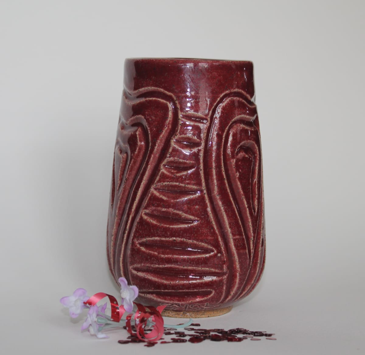 Maroon Heart Carved Vase, Image 1.