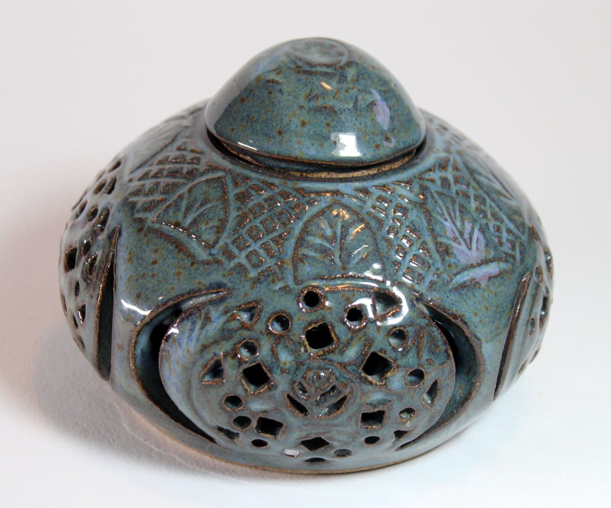 Carved Double Wall Jar - Blue, Lidded, Image 4.