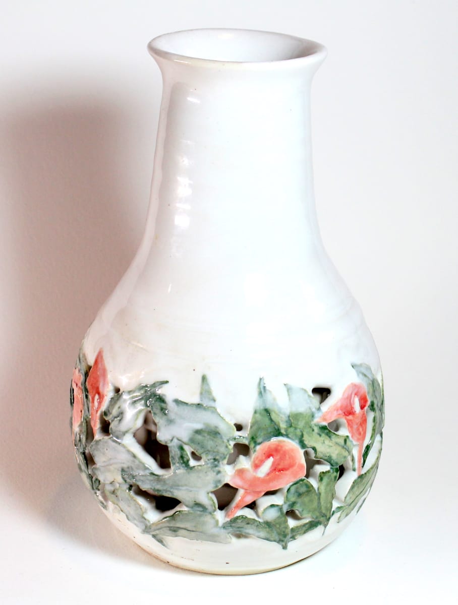 Carved Double Wall White Vase with Flowers 