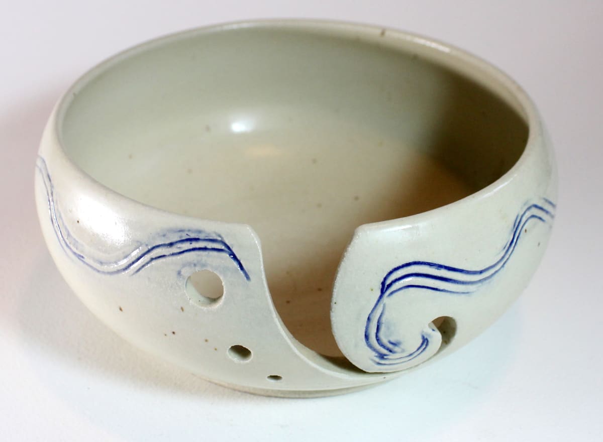 White Yarn Bowl with Blue Trim 