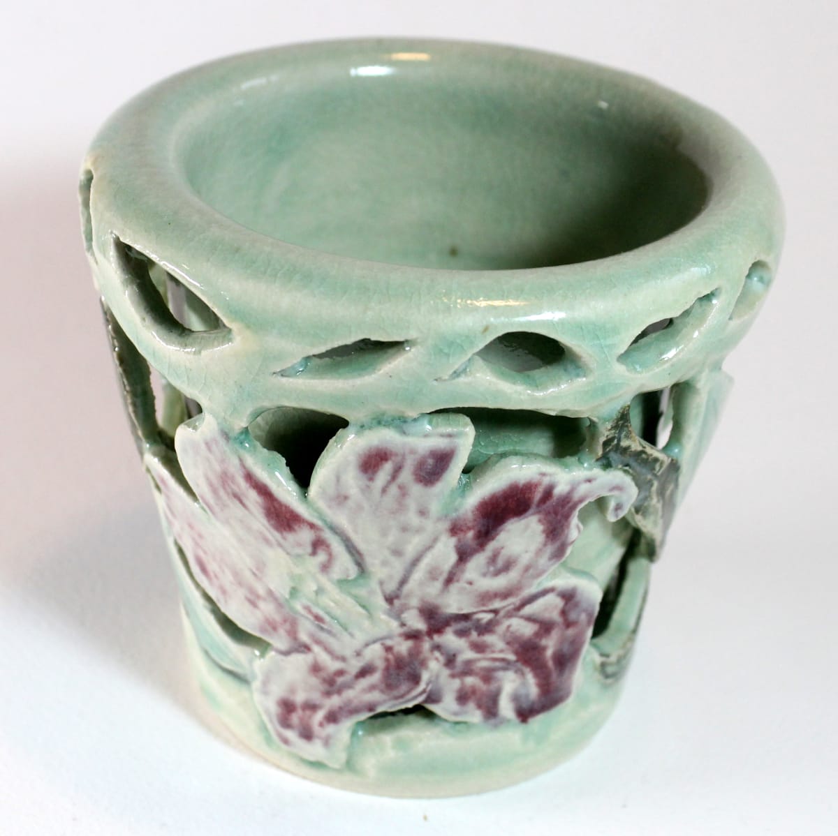 Carved Double Wall Celadon Vase with Maroon Flowers 