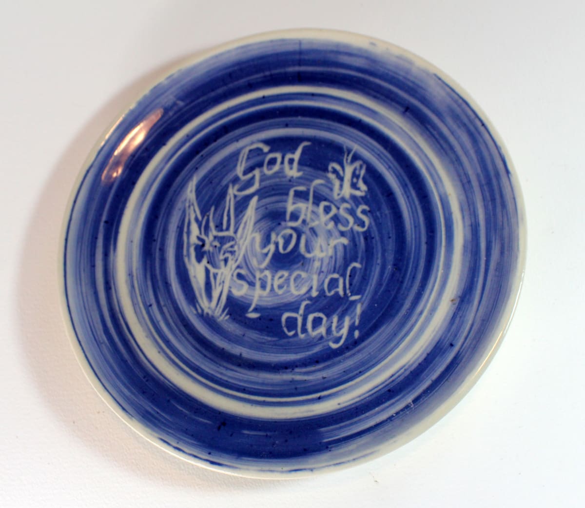 Special Day Plate - Blue, Streaked, with Blue Flower 