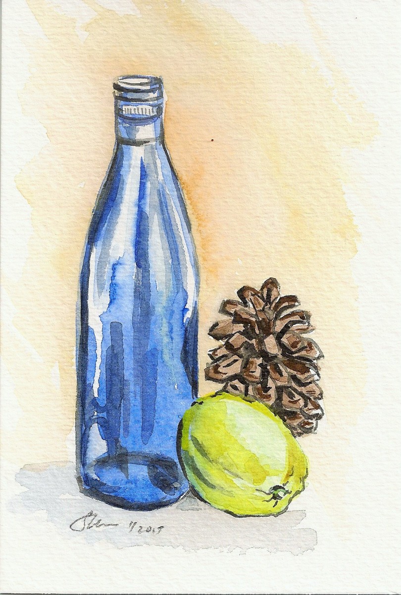 Still Life with Bottle, Pine Cone and Lemon by Sonya Kleshik 