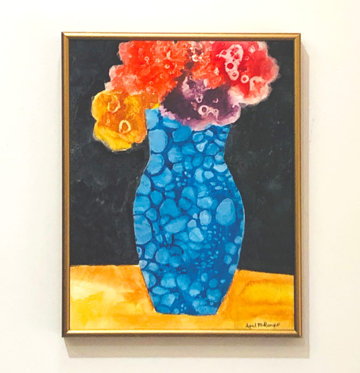 The Blue Vase by April Rimpo  Image: A fun and fanciful bouquet of flowers, framed in brushed copper frame. 