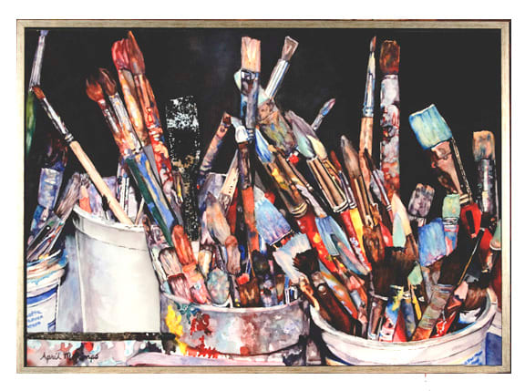 Student Brushes Giclee Enhanced with Fused Glass by April Rimpo 
