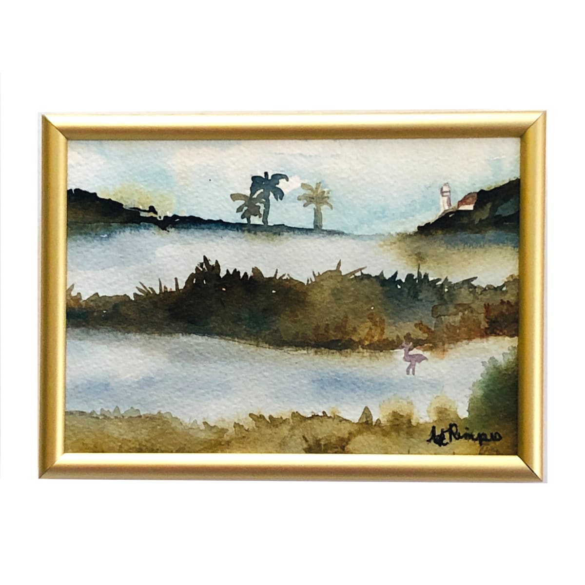 Wetland Wonders II by April Rimpo  Image: 5" X 7" painting in Frosted Gold low profile frame