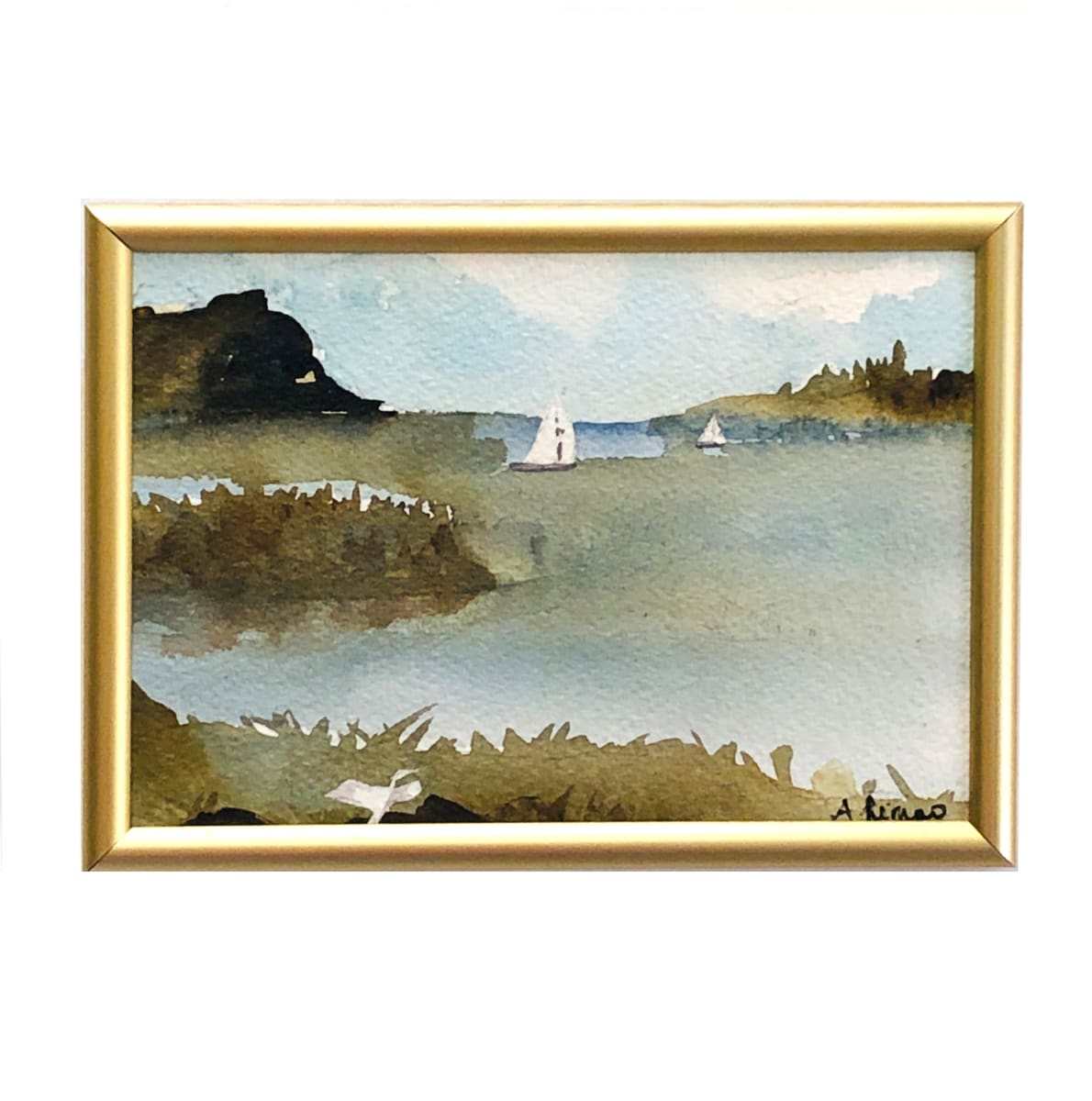 Wetland Wonders III by April Rimpo  Image: 5" X 7" painting in Frosted Gold low profile frame