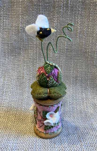Pink Vintage Flower And Bee Wooden Spool by Christine Shively Benjamin 