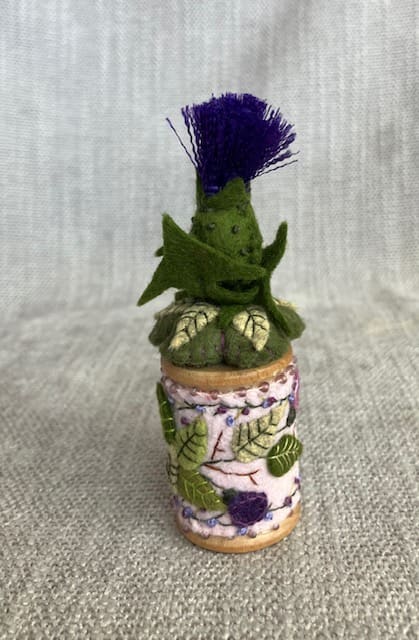 Thistle and Morning Glory Wooden Spool by Christine Shively Benjamin  Image: Full view angle one