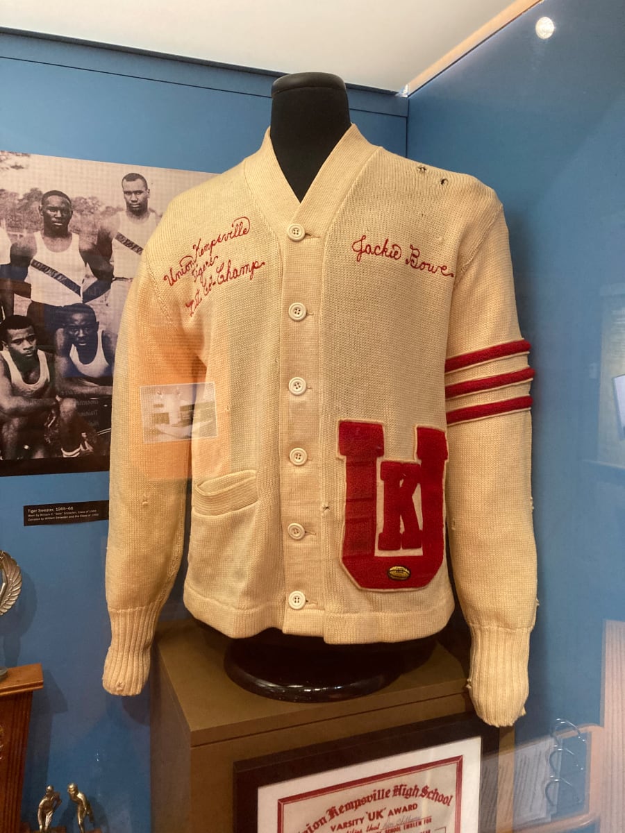 Letterman Sweater by Stadium Shaker Co.  Image: Front of sweater on display