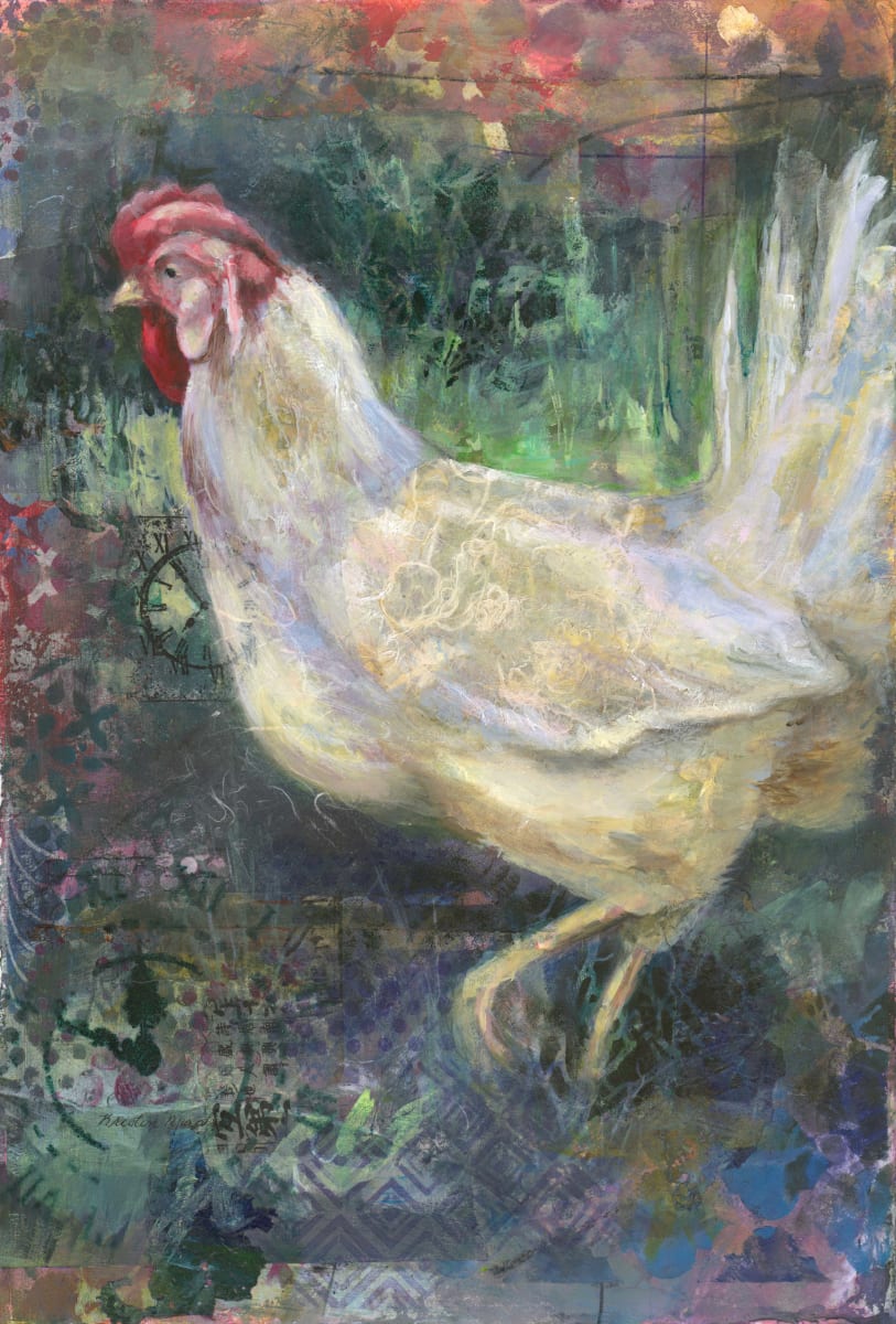 Byron's Morning Strut by Kristin Murphy  Image: 15 x22.5 "Byron's Morning Strut" is a mixed-media painting of a white Rooster.