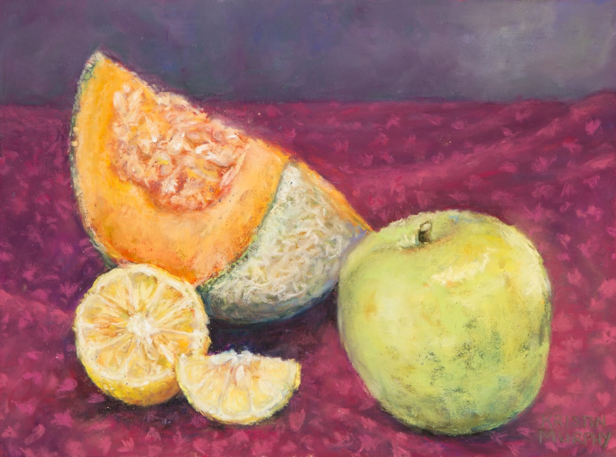 Cantaloupe and apple by Kristin Murphy  Image: Cantaloupe, lemon, and an apple painted in soft pastels