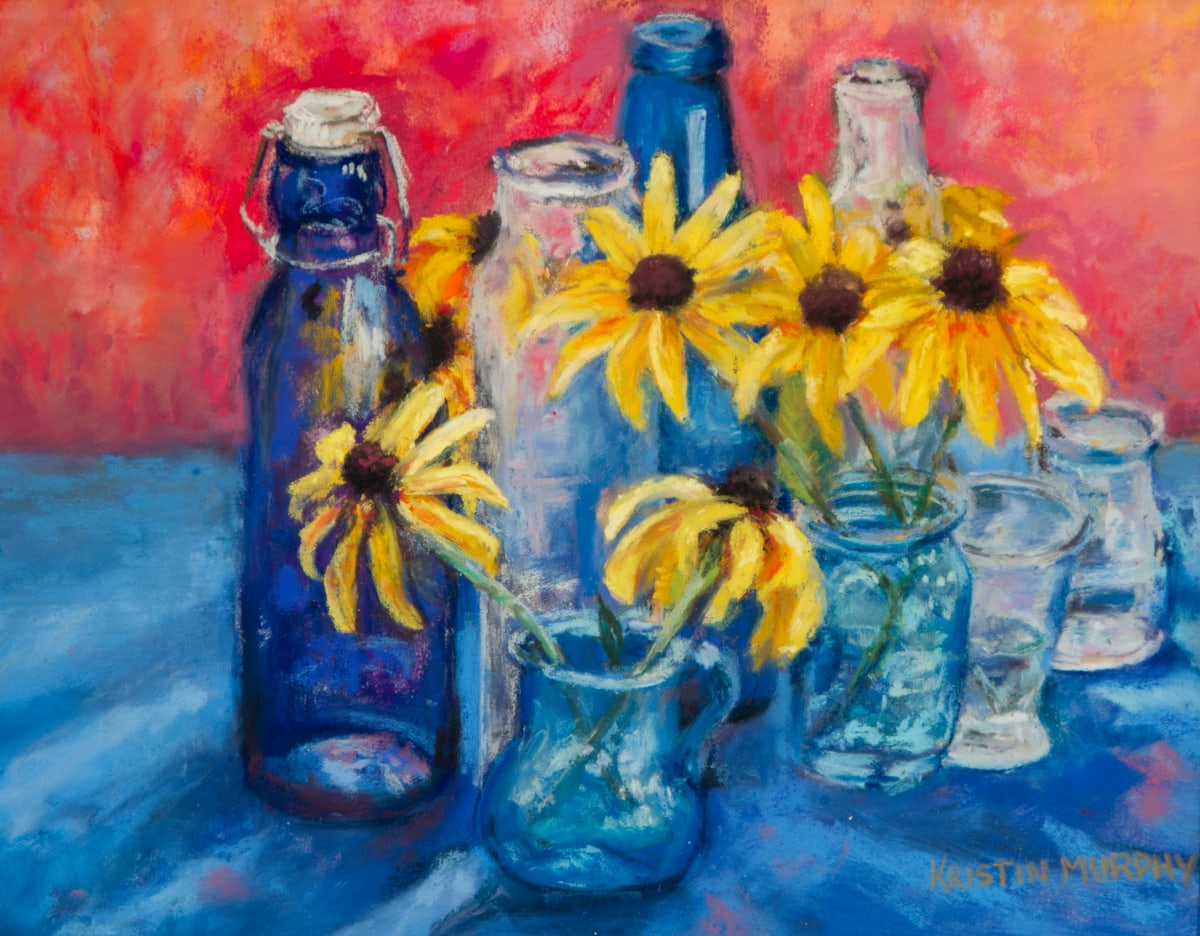 Unclouded Clarity by Kristin Murphy  Image: Pastel painting of transparent glass and Black-eyed Susan flowers.