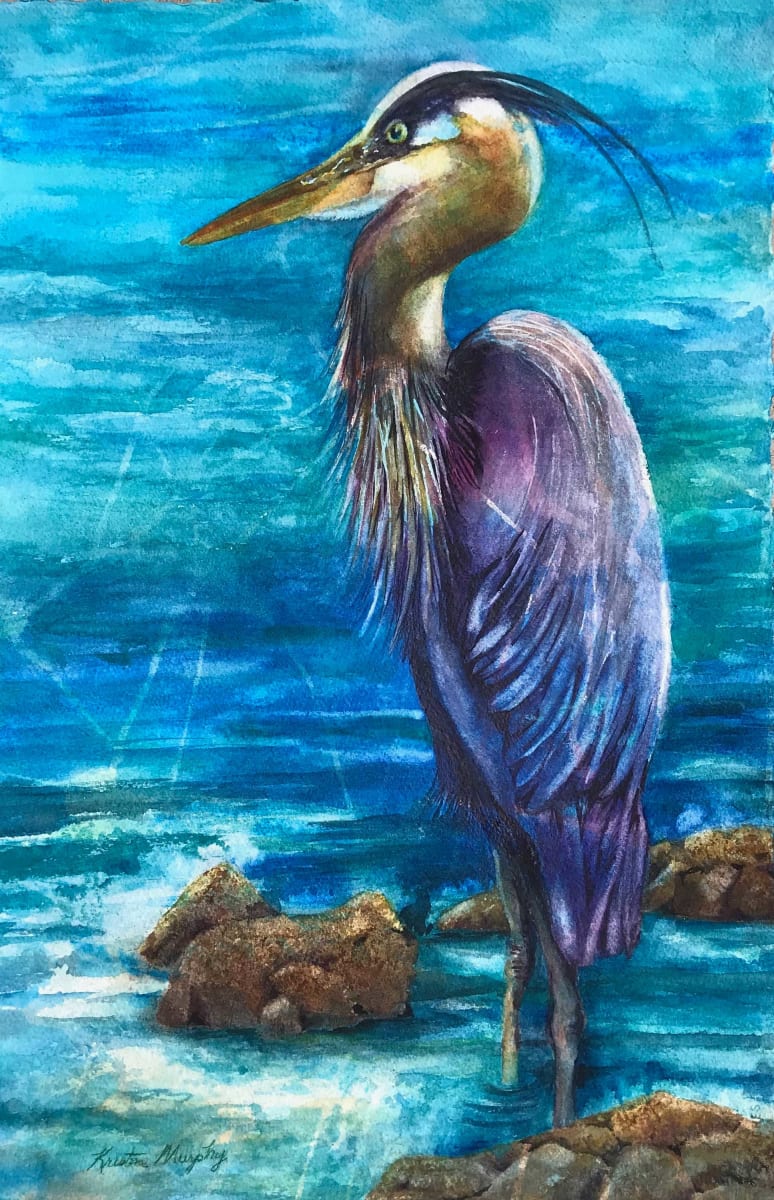Weather the Storm by Kristin Murphy  Image: Stoic Great Blue Heron in an original watercolor painting by artist Kristin Murphy