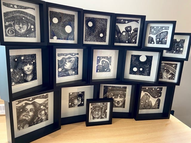 Framed Ink Sketches by Pattie Keenan  Image: Framed Ink Sketches - all artworks are $150 each
Please view individual collections: Spiral Series; Snow Drift Series; Angel Series for sizes