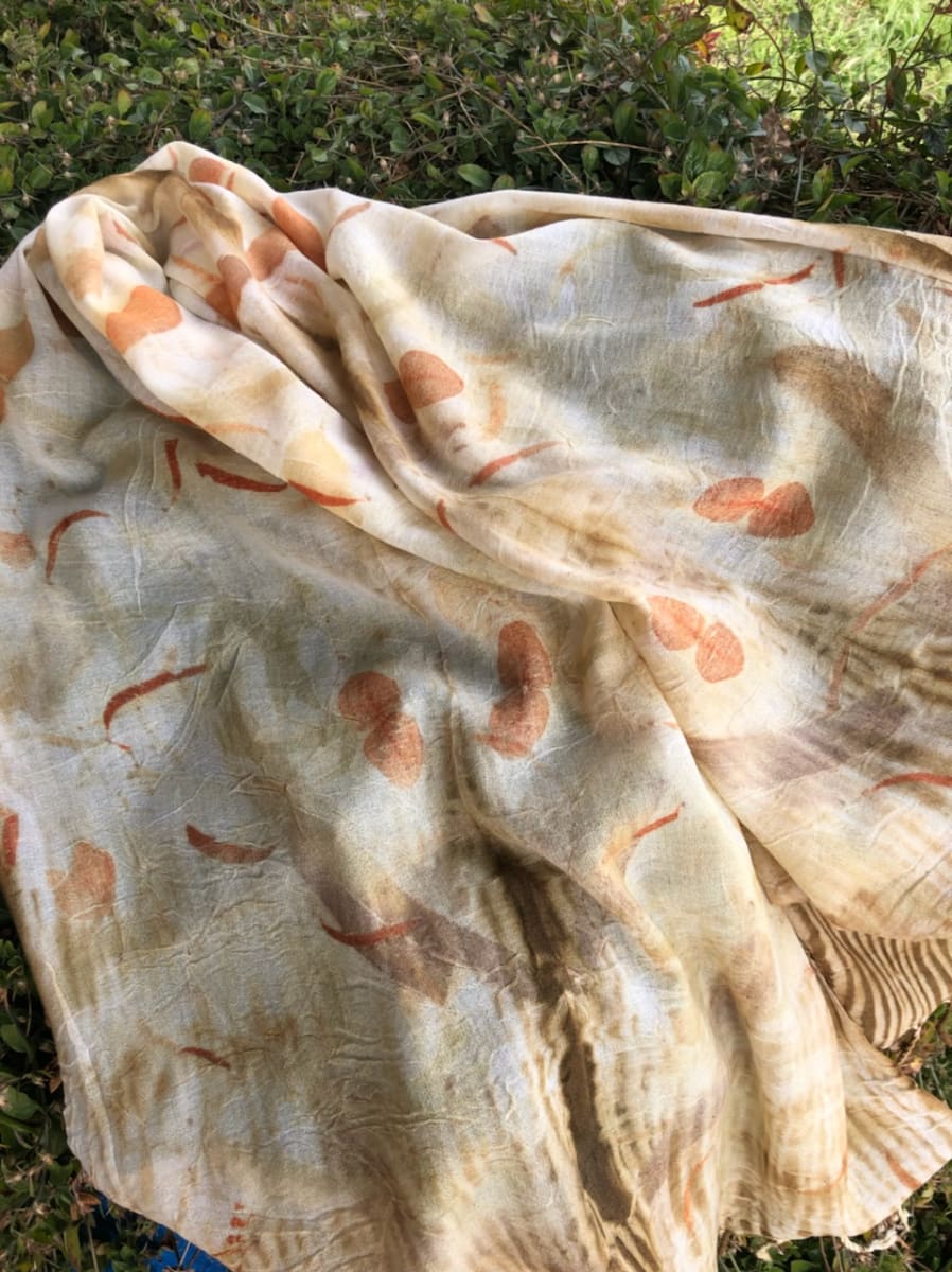 REM Wool Wrap by Rasa Mauragis  Image: Local Colour - Wool wrap 60x220cm WW34 - Ecoprinting of eucalyptus cinerea and eucalyptus nichollii and eucalyptus pauciflora - the snow gum.