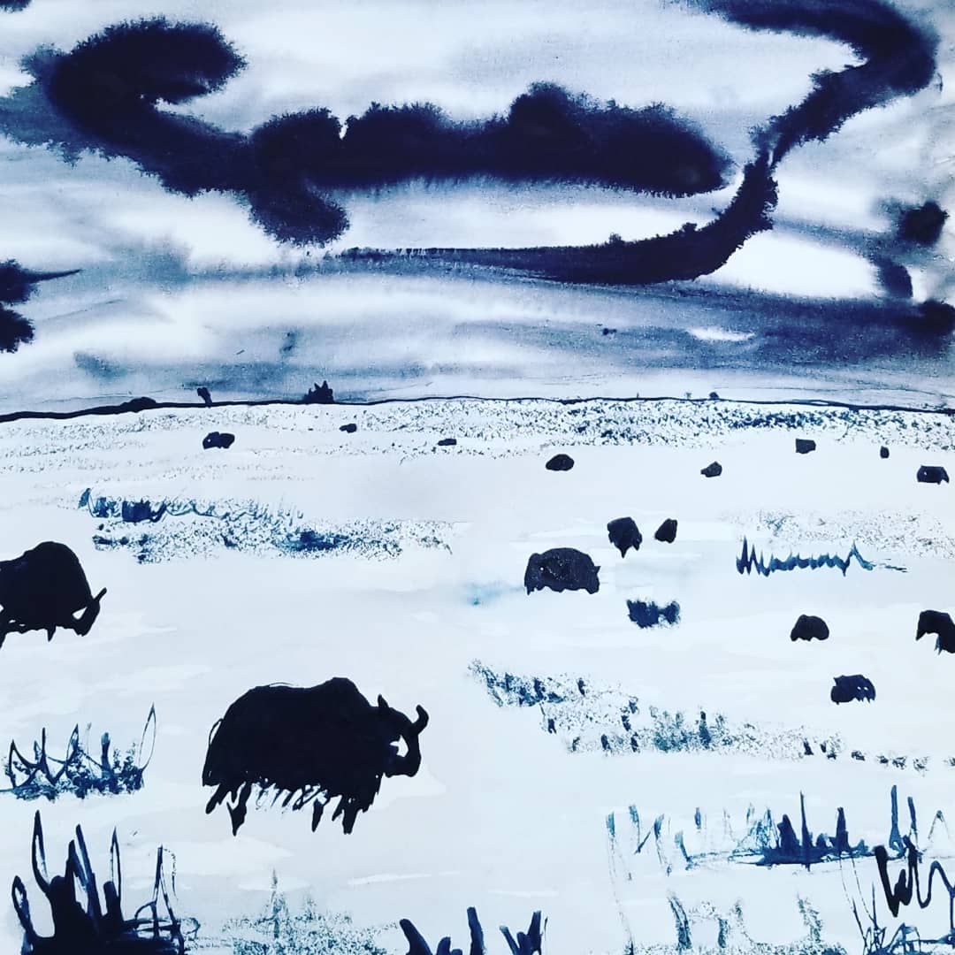 Yaks Under a Stormy Sky by Kim Roberts 